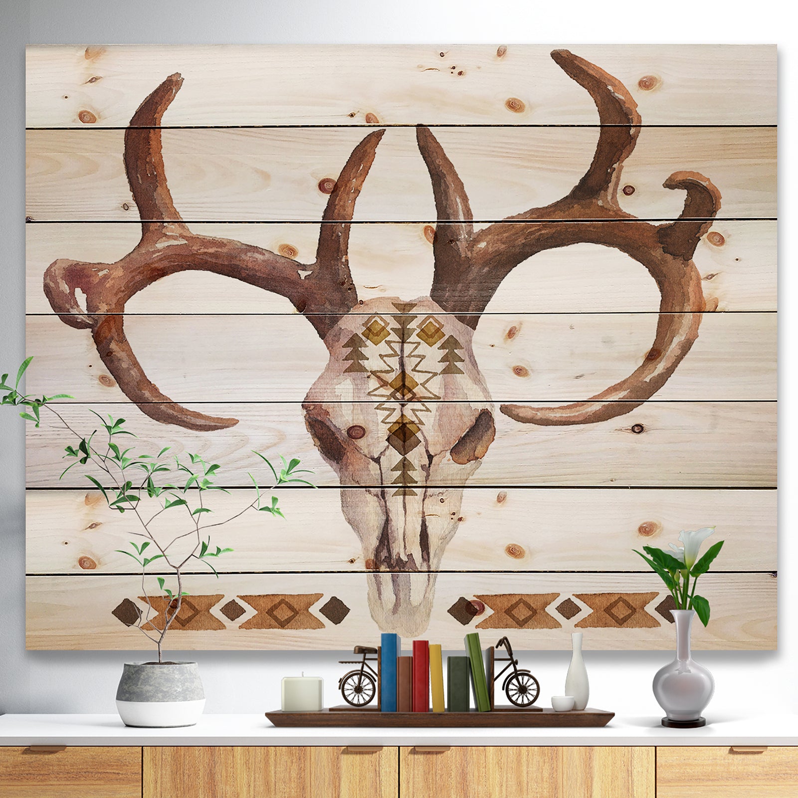Real Deer Antler Sketch - Farmhouse Animal Painting Print on Natural Pine Wood