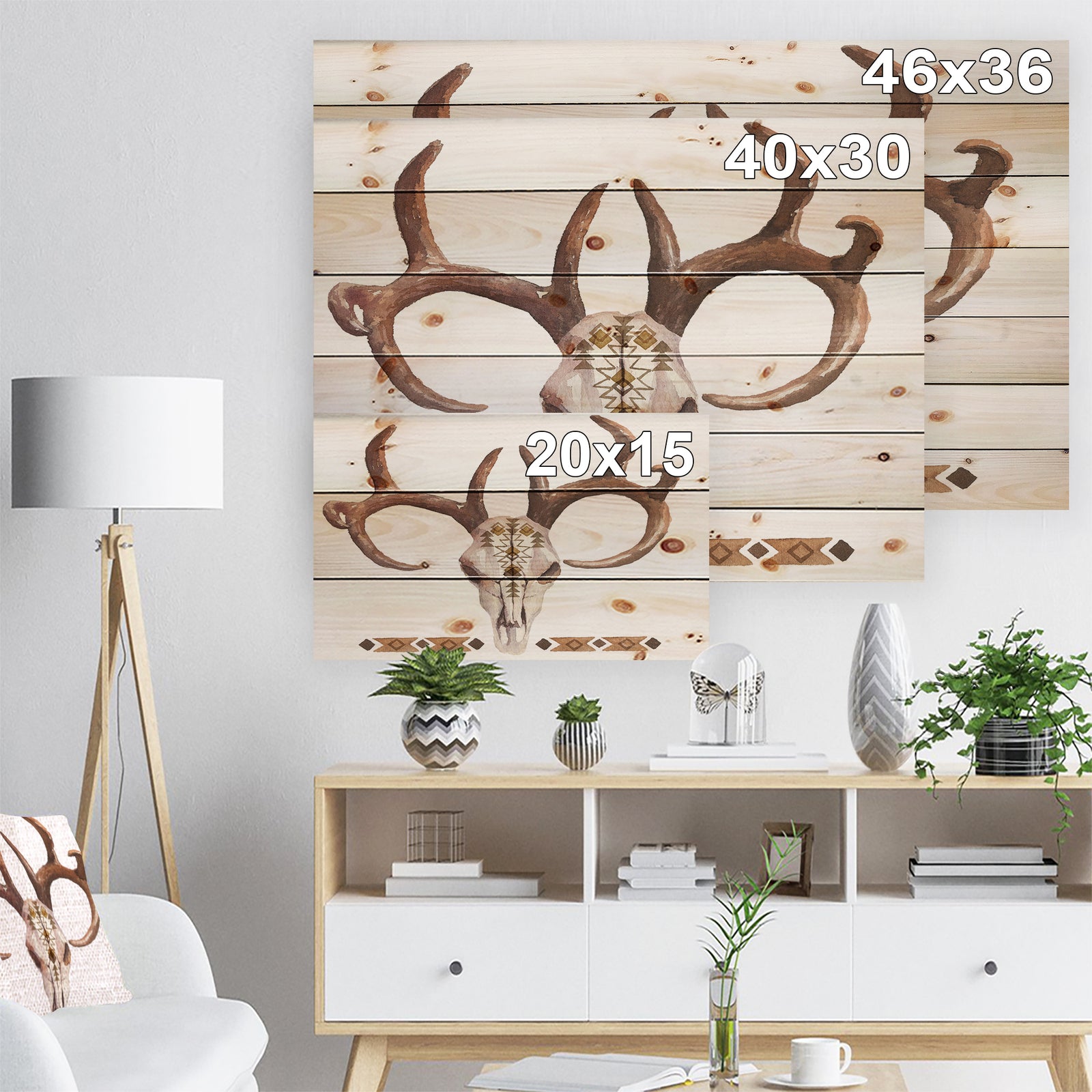 Real Deer Antler Sketch - Farmhouse Animal Painting Print on Natural Pine Wood