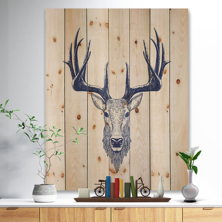 Deer head Portrait - Sketch Animals Painting Print on Natural Pine Wood