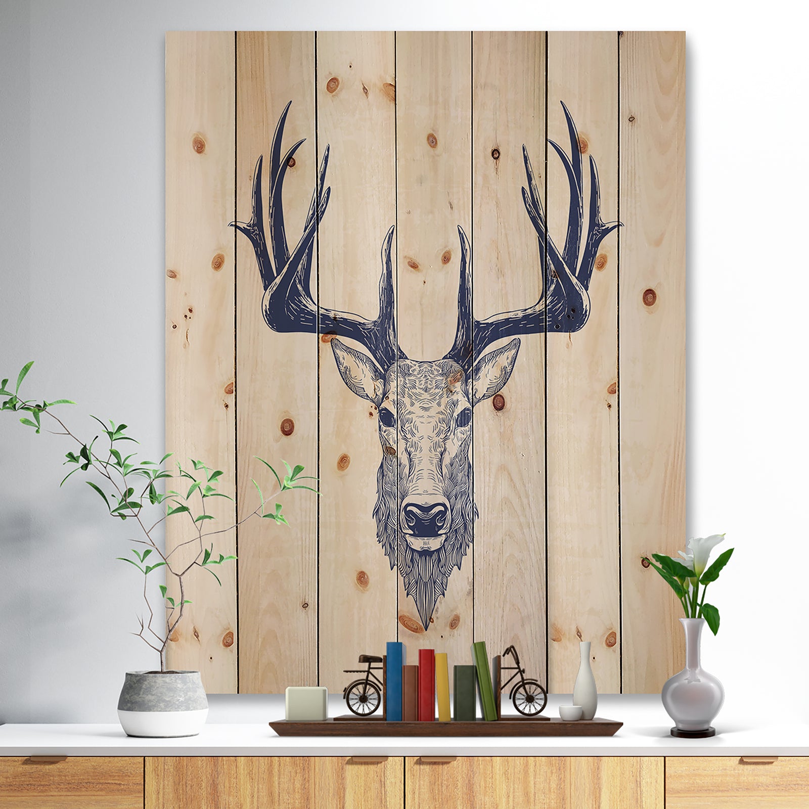 Deer head Portrait - Sketch Animals Painting Print on Natural Pine Wood