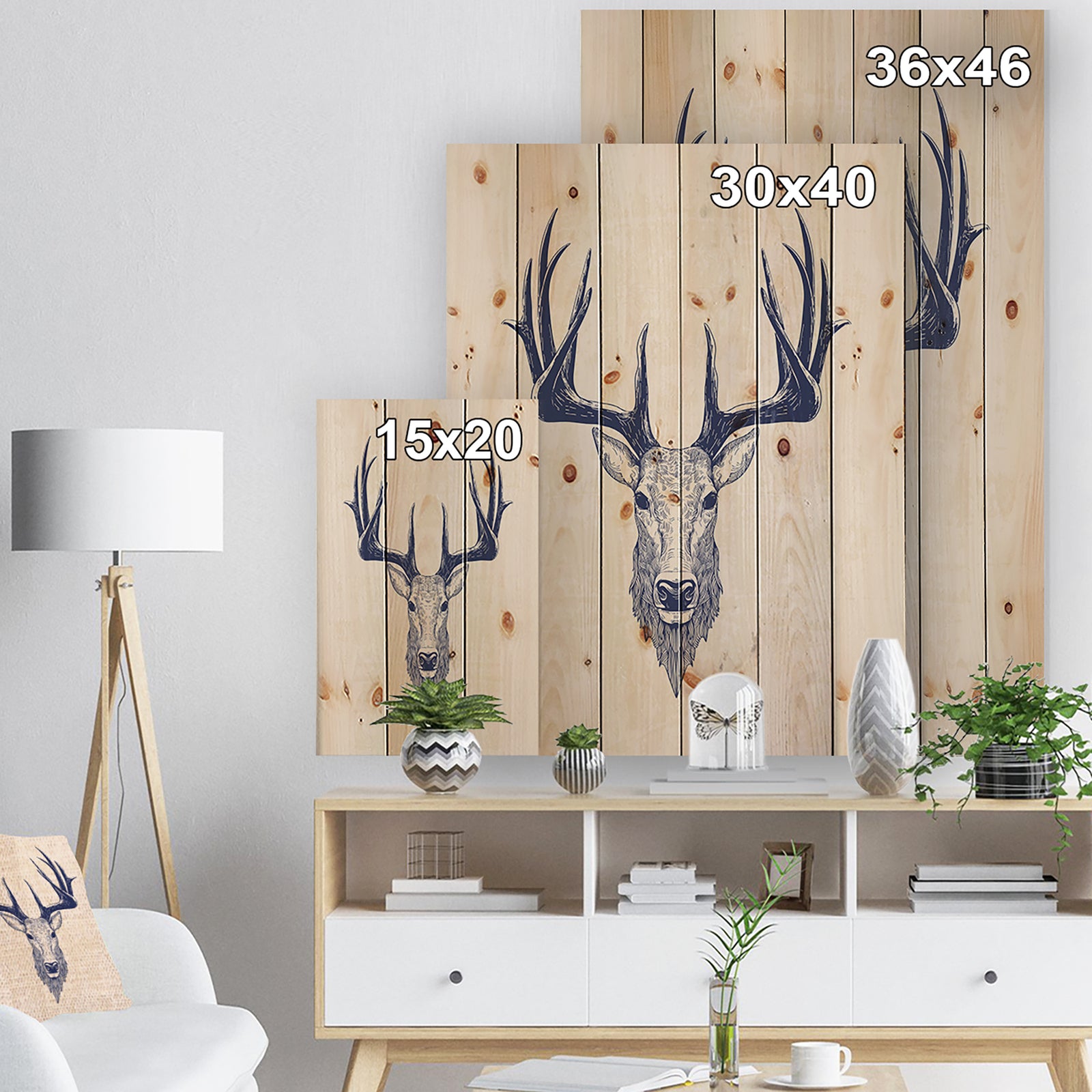 Deer head Portrait - Sketch Animals Painting Print on Natural Pine Wood