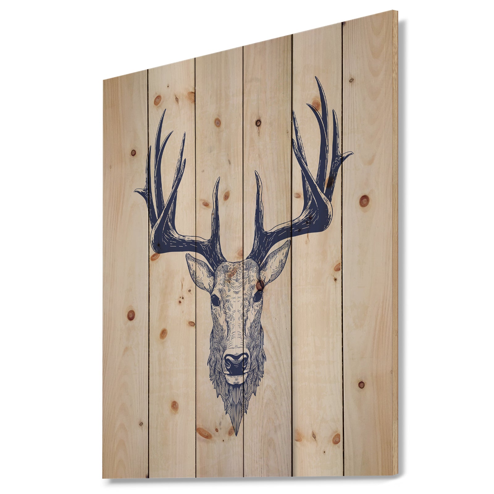 Deer head Portrait - Sketch Animals Painting Print on Natural Pine Wood