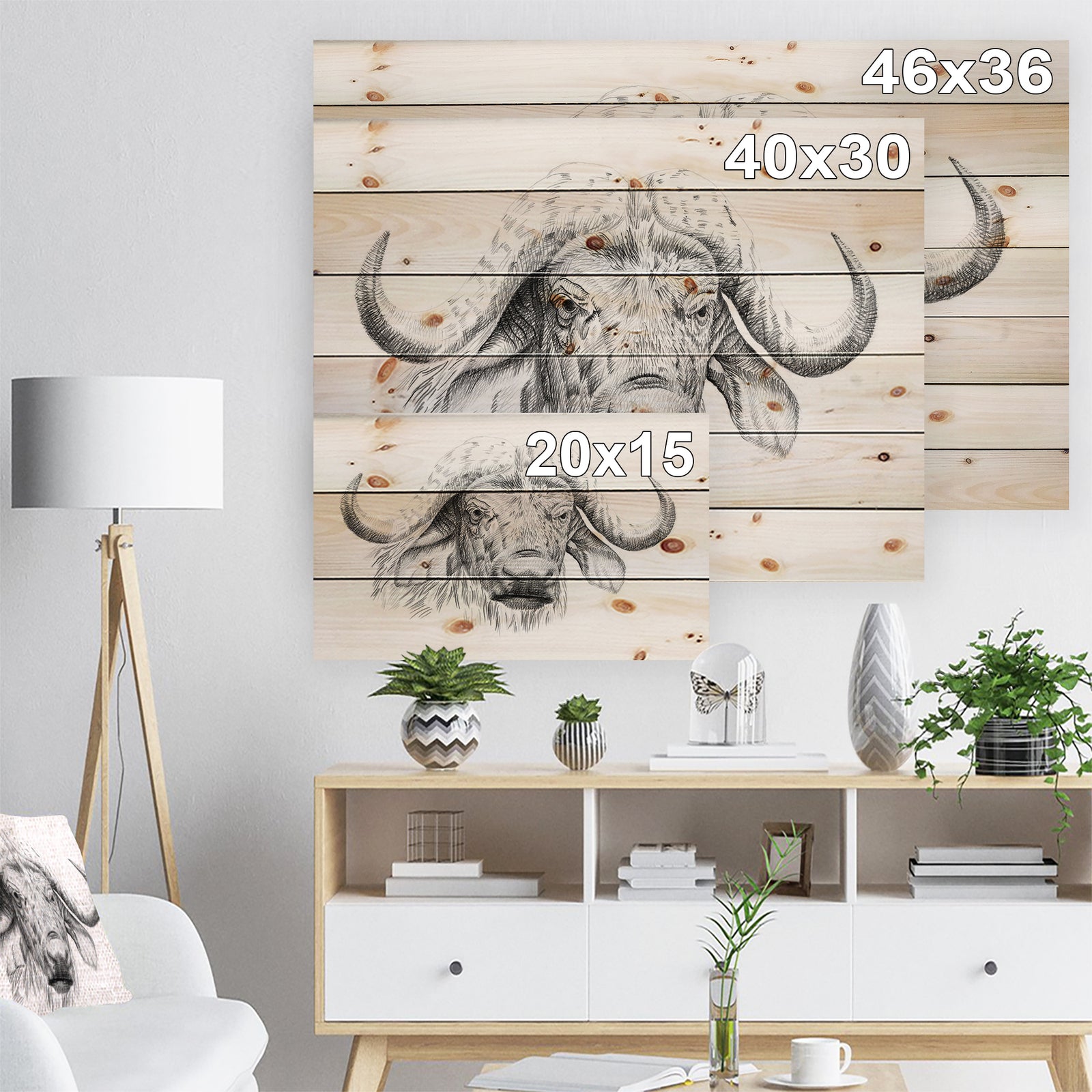 Pencil Bufallo Sketch in Black and White - Animals Painting Print on Natural Pine Wood