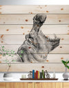 Pencil hippo Sketch in Black and White - Animals Painting Print on Natural Pine Wood