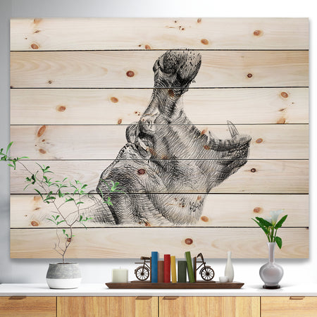 Pencil hippo Sketch in Black and White - Animals Painting Print on Natural Pine Wood