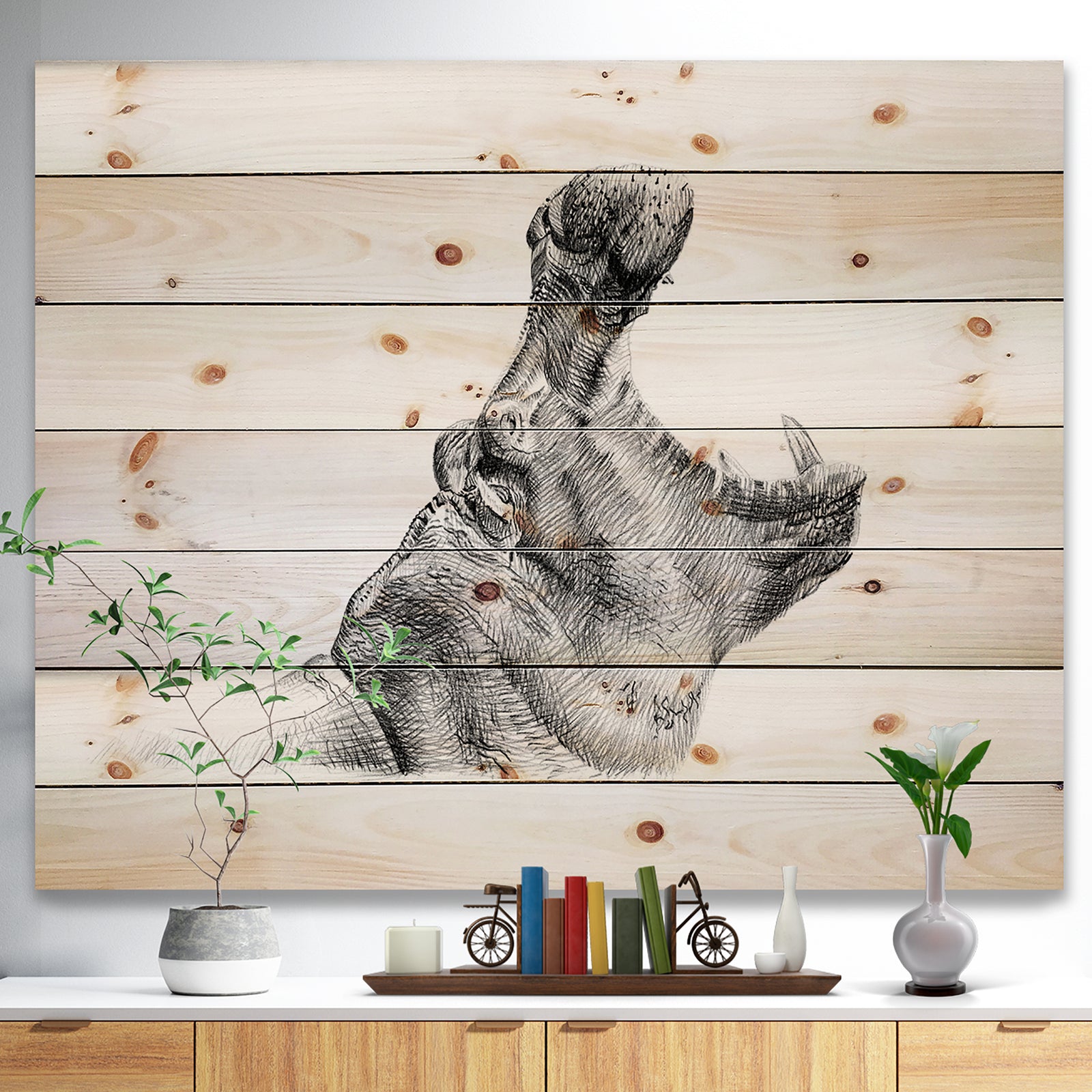 Pencil hippo Sketch in Black and White - Animals Painting Print on Natural Pine Wood