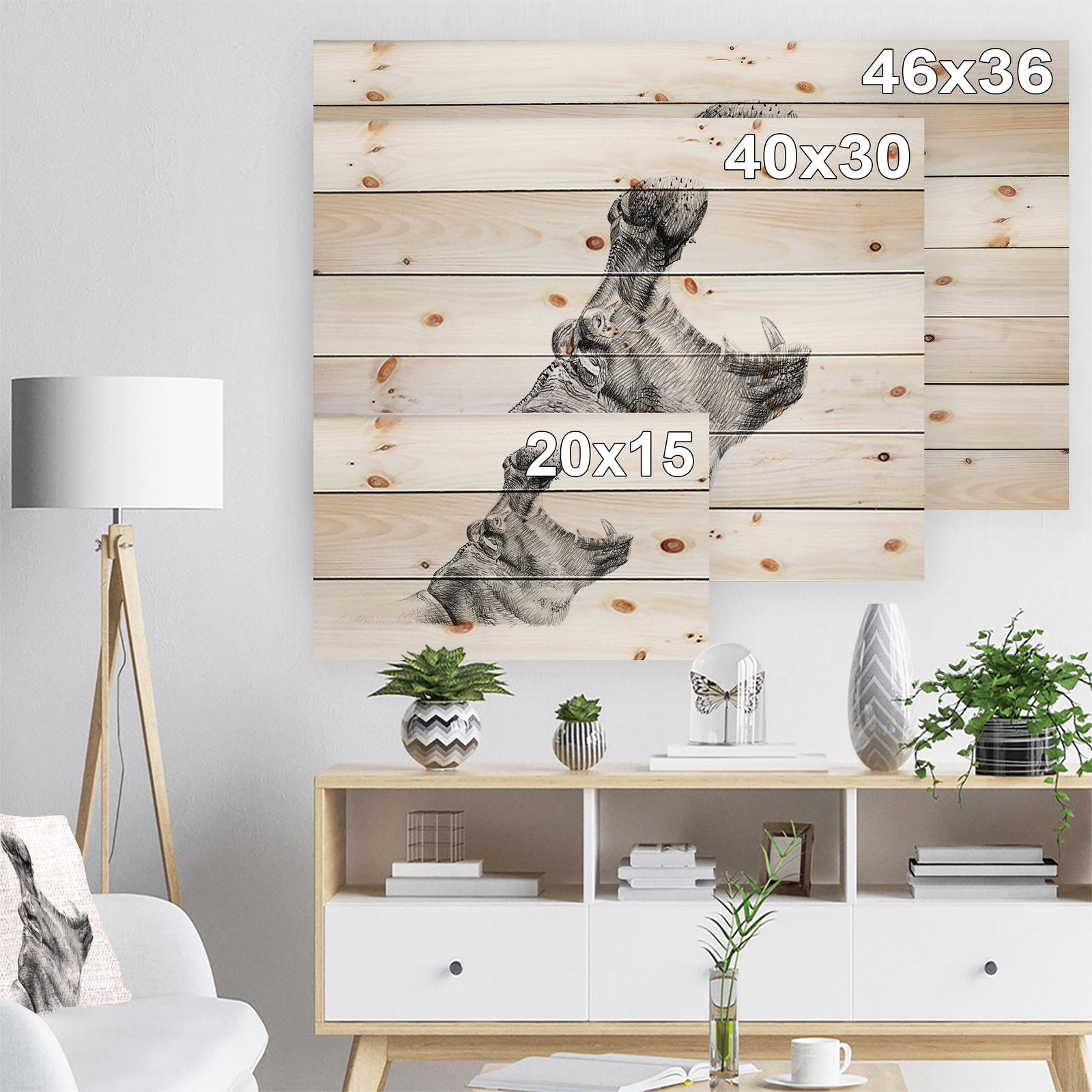 Pencil hippo Sketch in Black and White - Animals Painting Print on Natural Pine Wood
