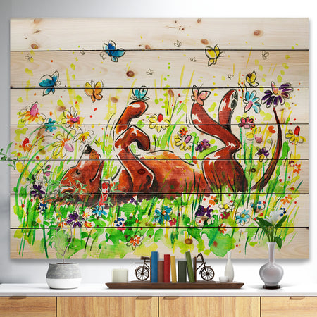 Happy Brown dog with Flowers and Butterfly - Animals Painting Print on Natural Pine Wood
