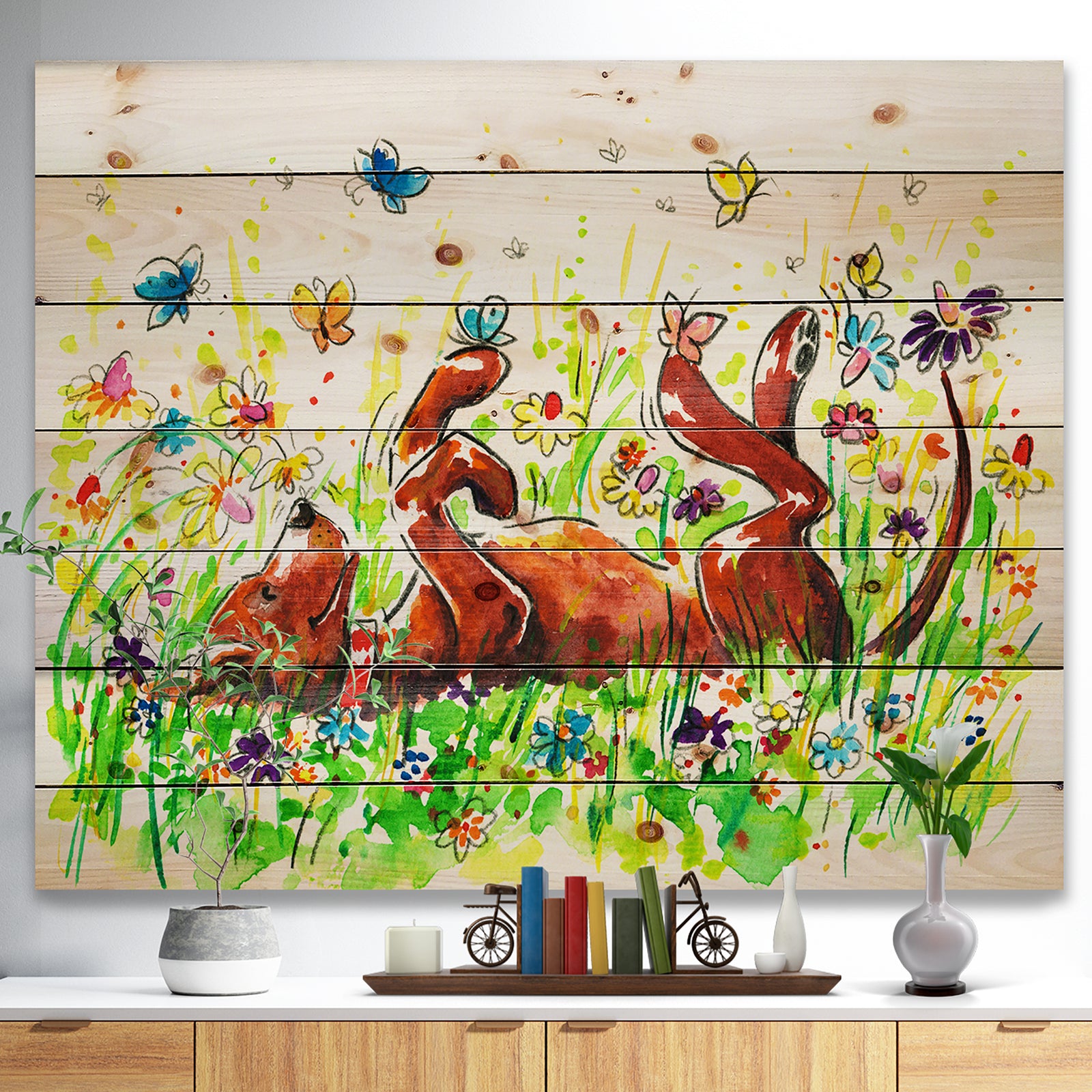 Happy Brown dog with Flowers and Butterfly - Animals Painting Print on Natural Pine Wood