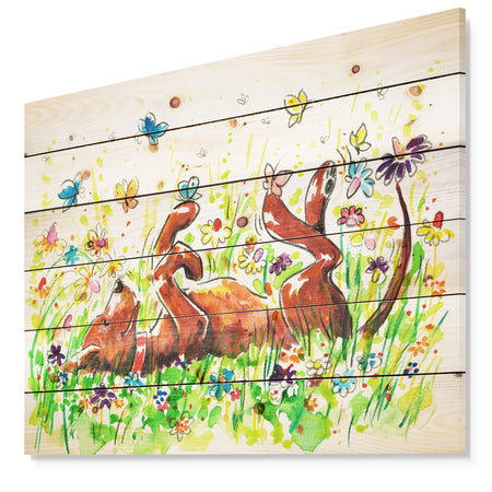 Happy Brown dog with Flowers and Butterfly - Animals Painting Print on Natural Pine Wood