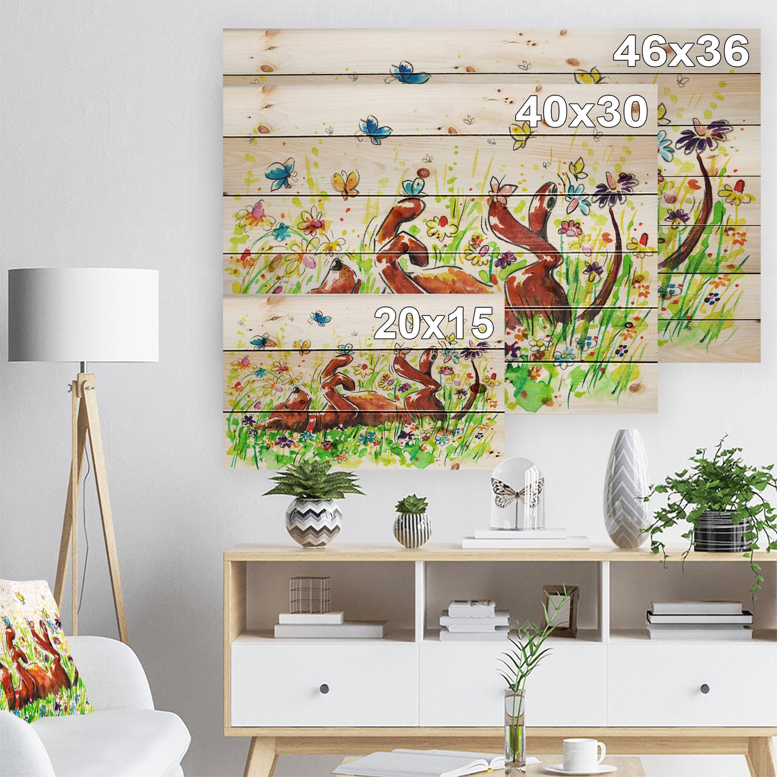 Happy Brown dog with Flowers and Butterfly - Animals Painting Print on Natural Pine Wood