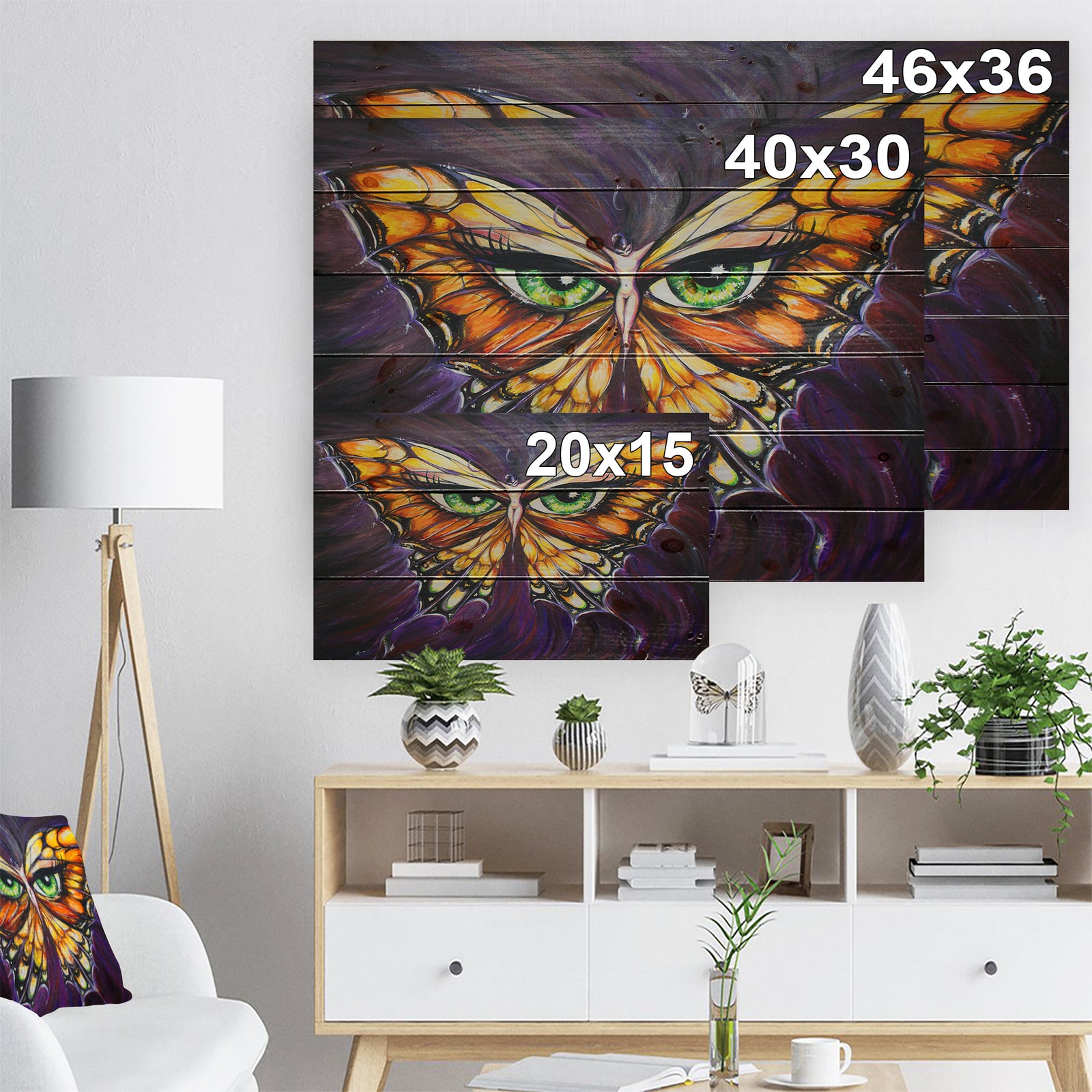 Butterfly with Eyes in Wings - Contemporary Animals Painting Print on Natural Pine Wood