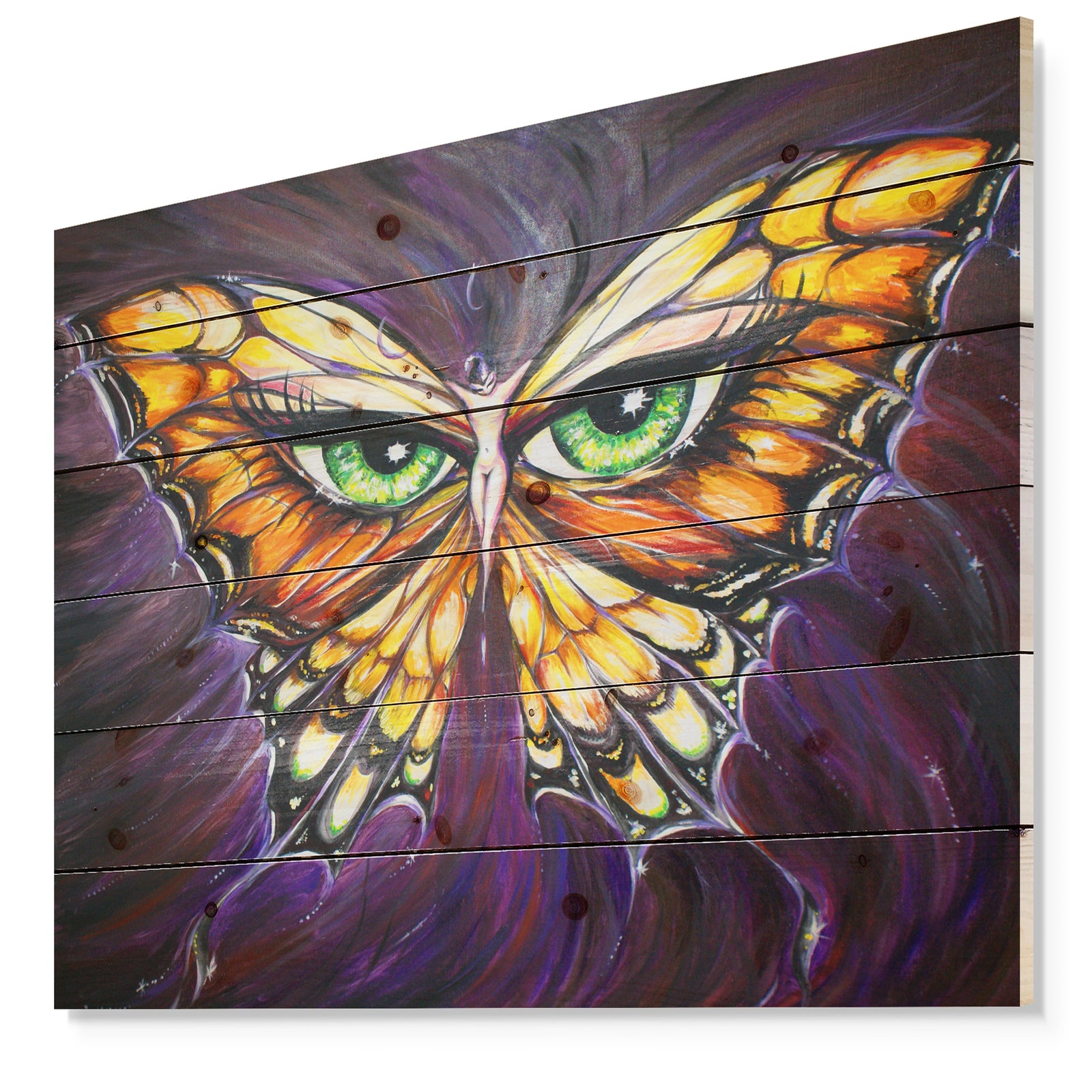 Butterfly with Eyes in Wings - Contemporary Animals Painting Print on Natural Pine Wood