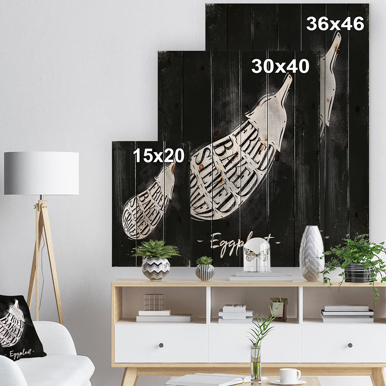 Eggplant cutting scheme chalk - Farmhouse Food Painting Print on Natural Pine Wood