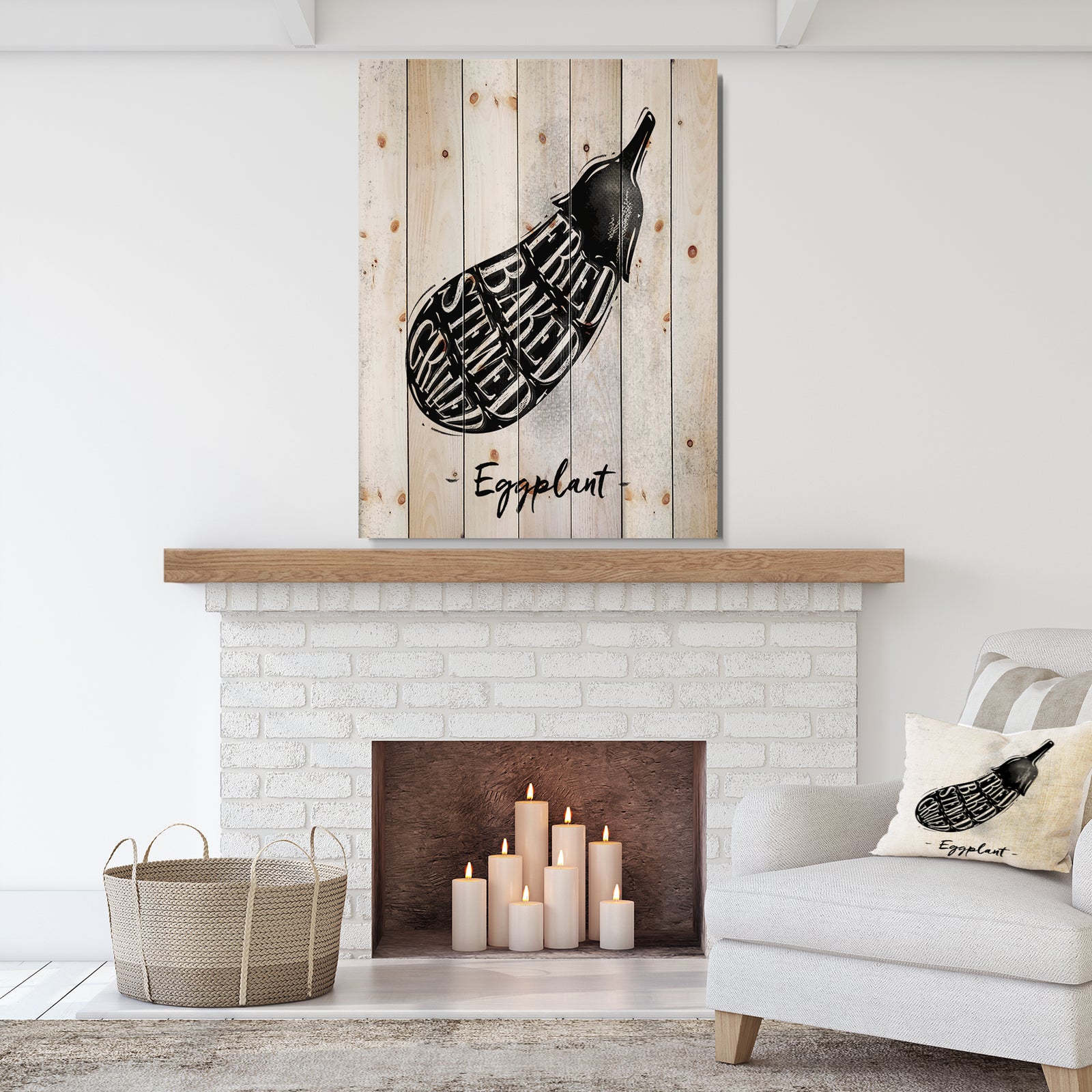 Eggplant cutting scheme - Farmhouse Food Painting Print on Natural Pine Wood