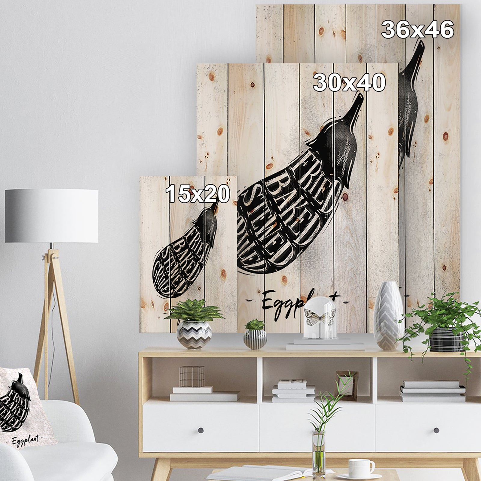 Eggplant cutting scheme - Farmhouse Food Painting Print on Natural Pine Wood
