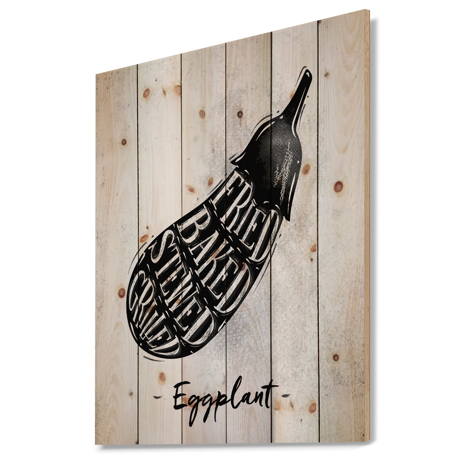 Eggplant cutting scheme - Farmhouse Food Painting Print on Natural Pine Wood