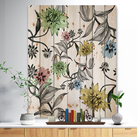 Hand drawn summer flowers - Floral Painting Print on Natural Pine Wood