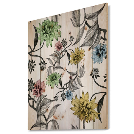 Hand drawn summer flowers - Floral Painting Print on Natural Pine Wood