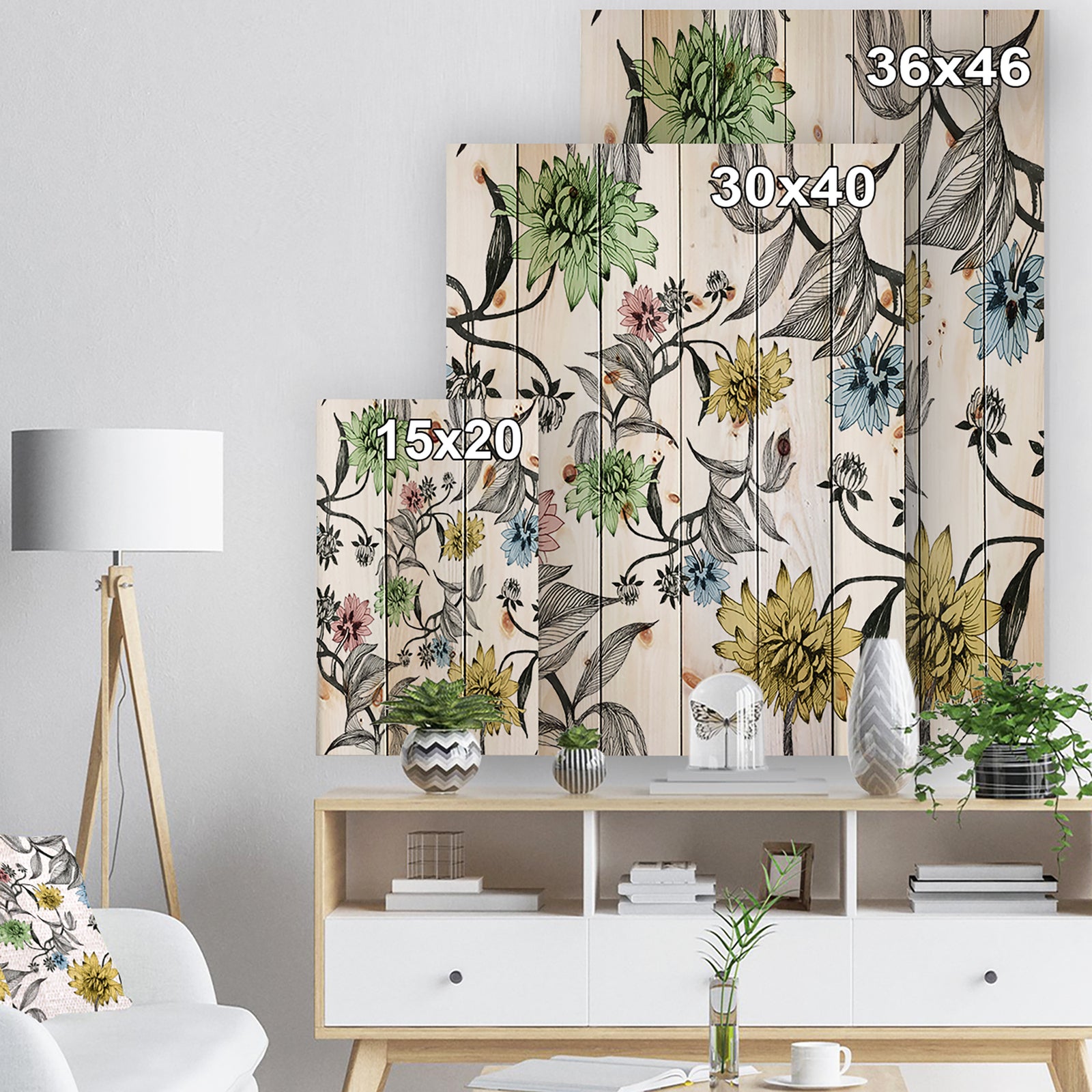 Hand drawn summer flowers - Floral Painting Print on Natural Pine Wood