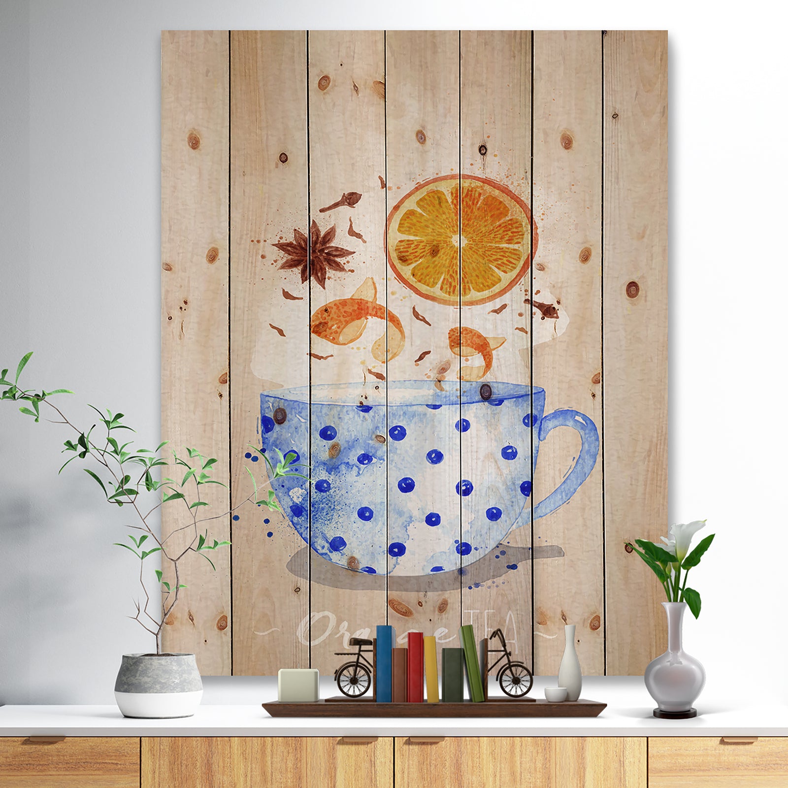 Teacup orange tea kraft - Food Painting Print on Natural Pine Wood