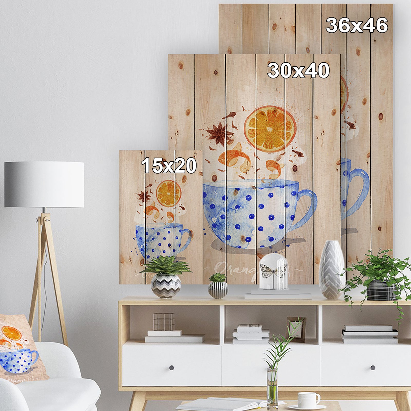 Teacup orange tea kraft - Food Painting Print on Natural Pine Wood