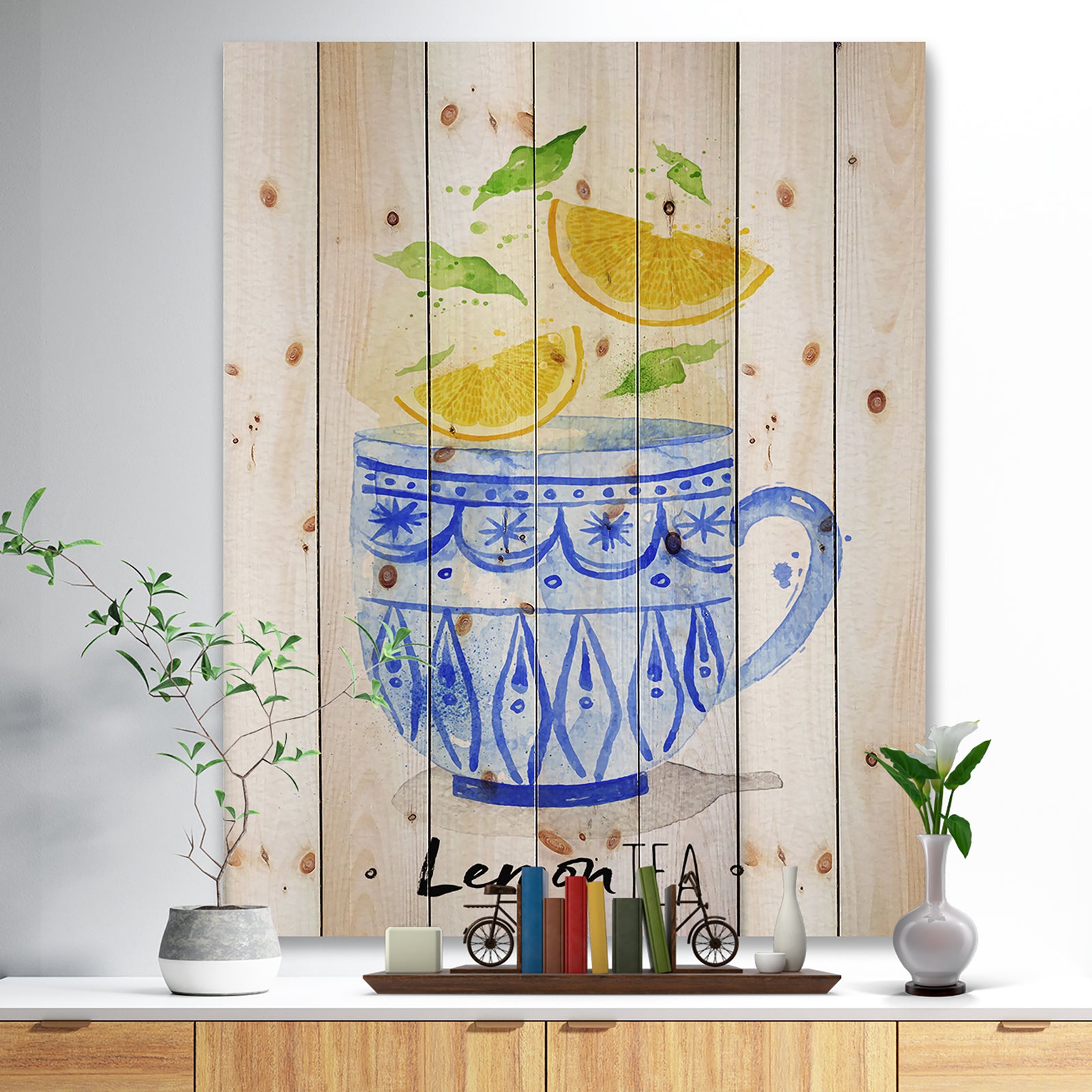 Teacup lemon tea - Food Painting Print on Natural Pine Wood