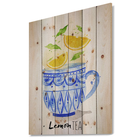 Teacup lemon tea - Food Painting Print on Natural Pine Wood