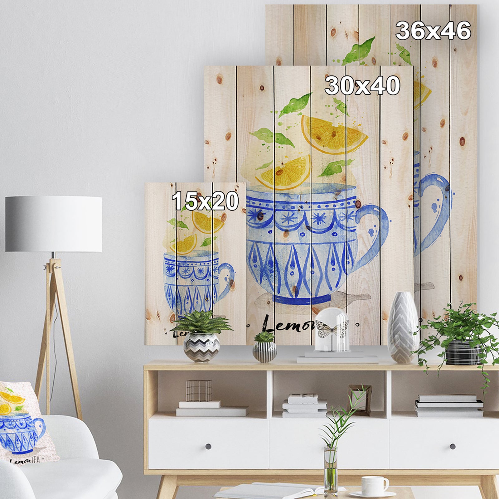Teacup lemon tea - Food Painting Print on Natural Pine Wood
