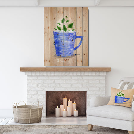 Teacup mint tea kraft - Food Painting Print on Natural Pine Wood