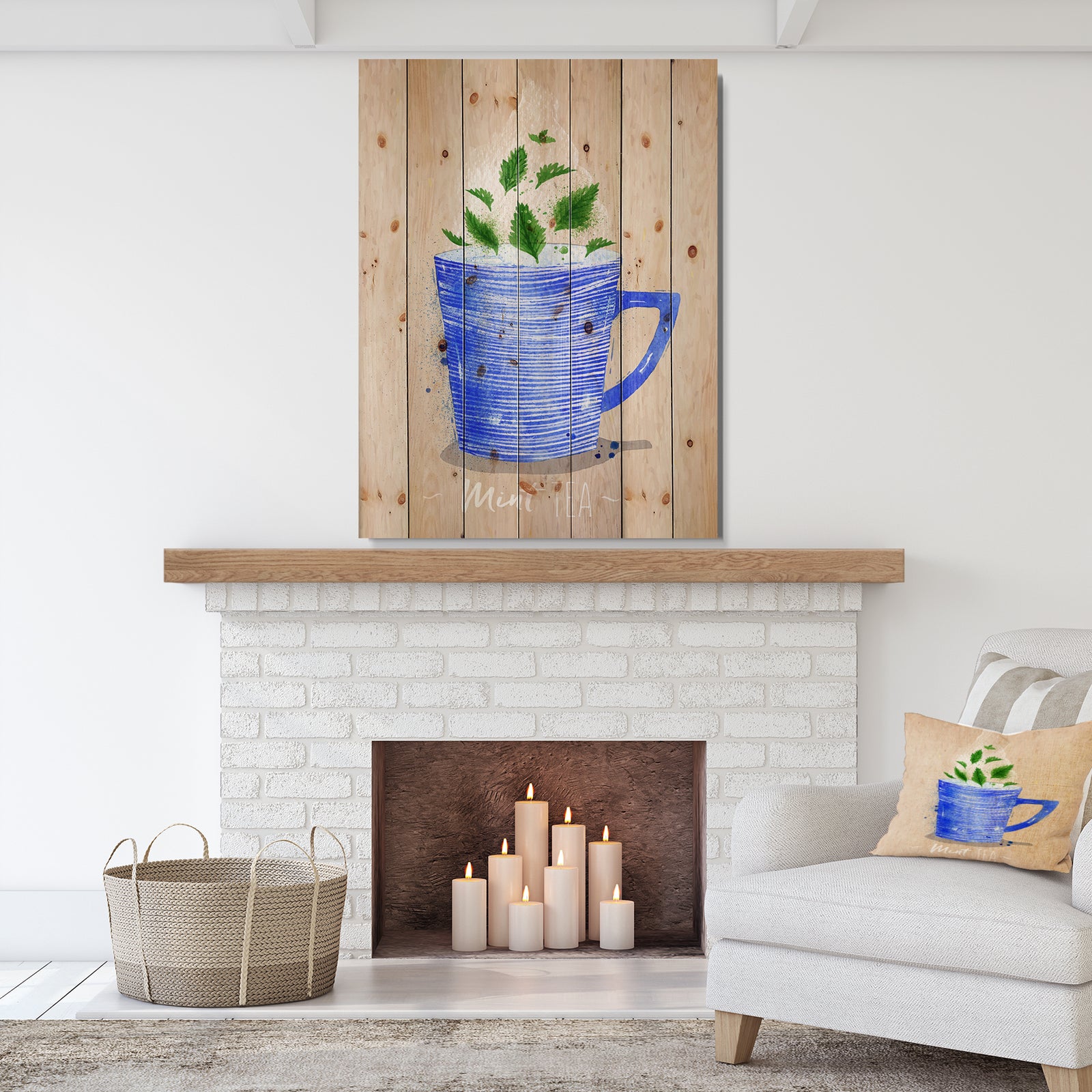 Teacup mint tea kraft - Food Painting Print on Natural Pine Wood