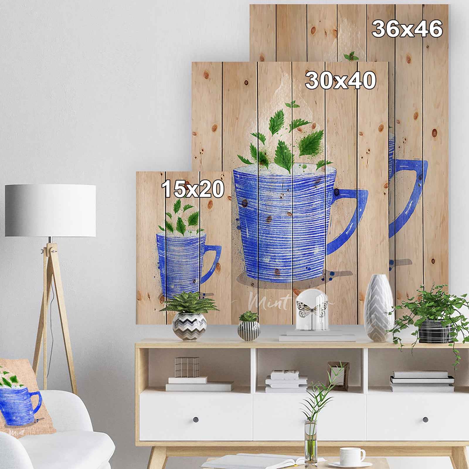 Teacup mint tea kraft - Food Painting Print on Natural Pine Wood