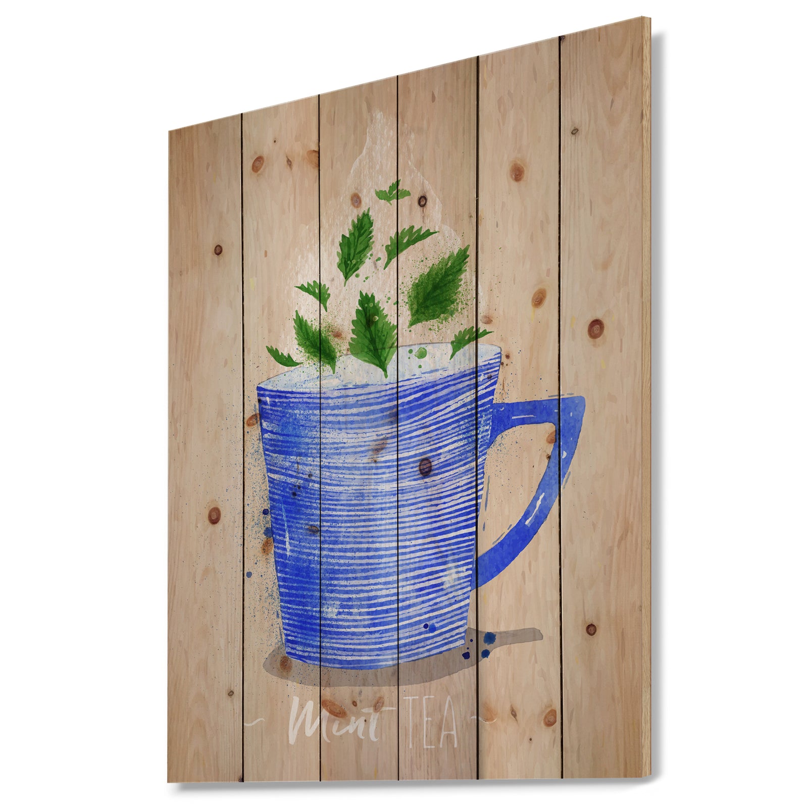 Teacup mint tea kraft - Food Painting Print on Natural Pine Wood