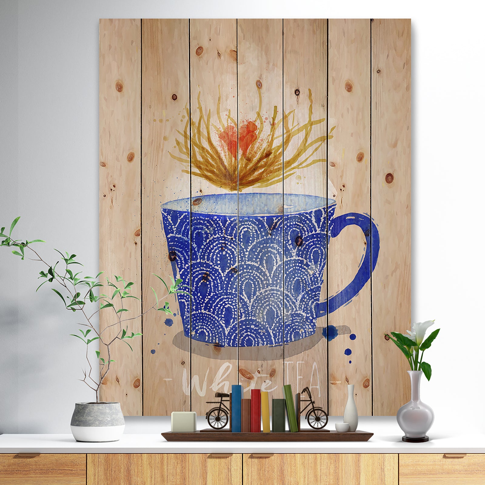 Teacup white tea kraft - Food Painting Print on Natural Pine Wood