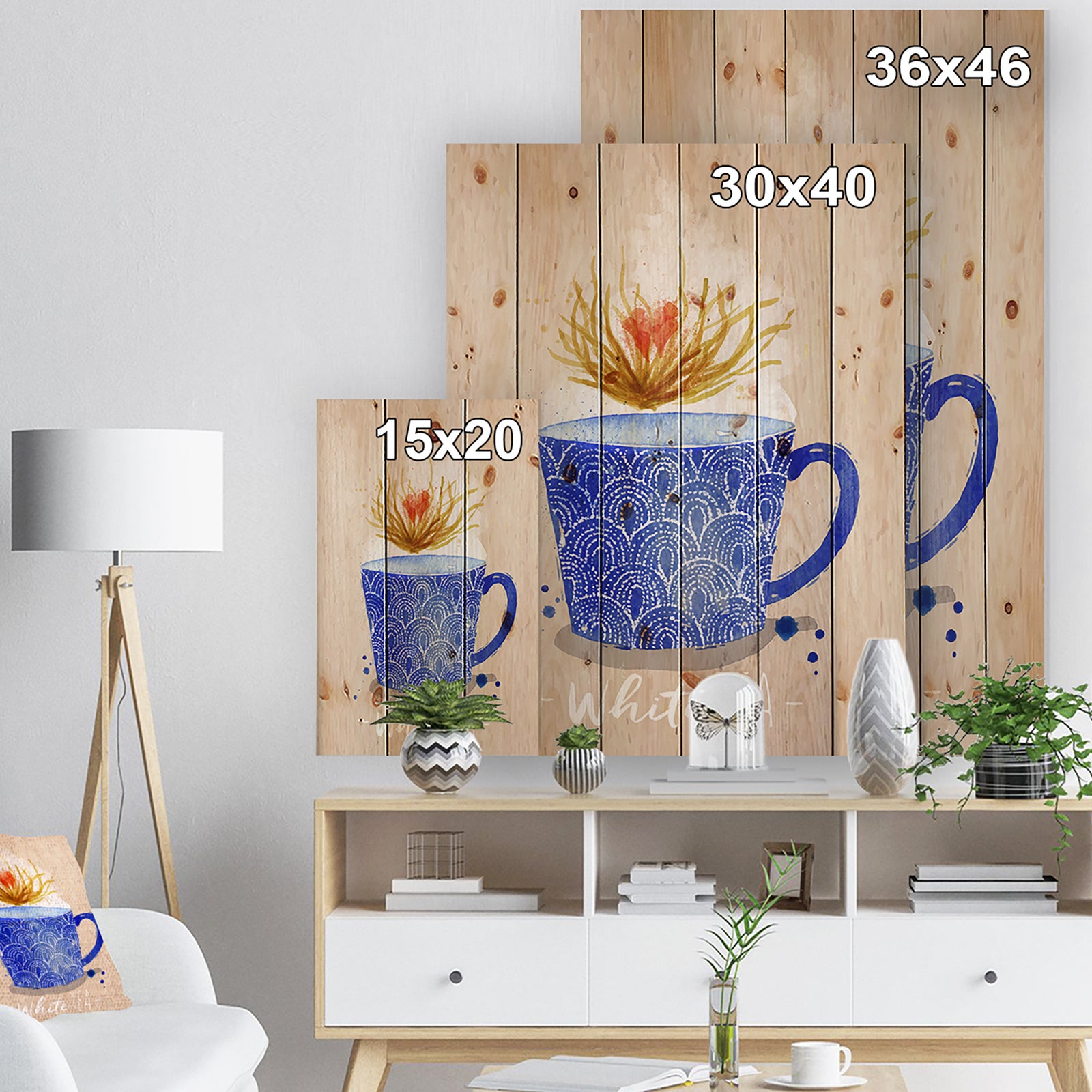 Teacup white tea kraft - Food Painting Print on Natural Pine Wood