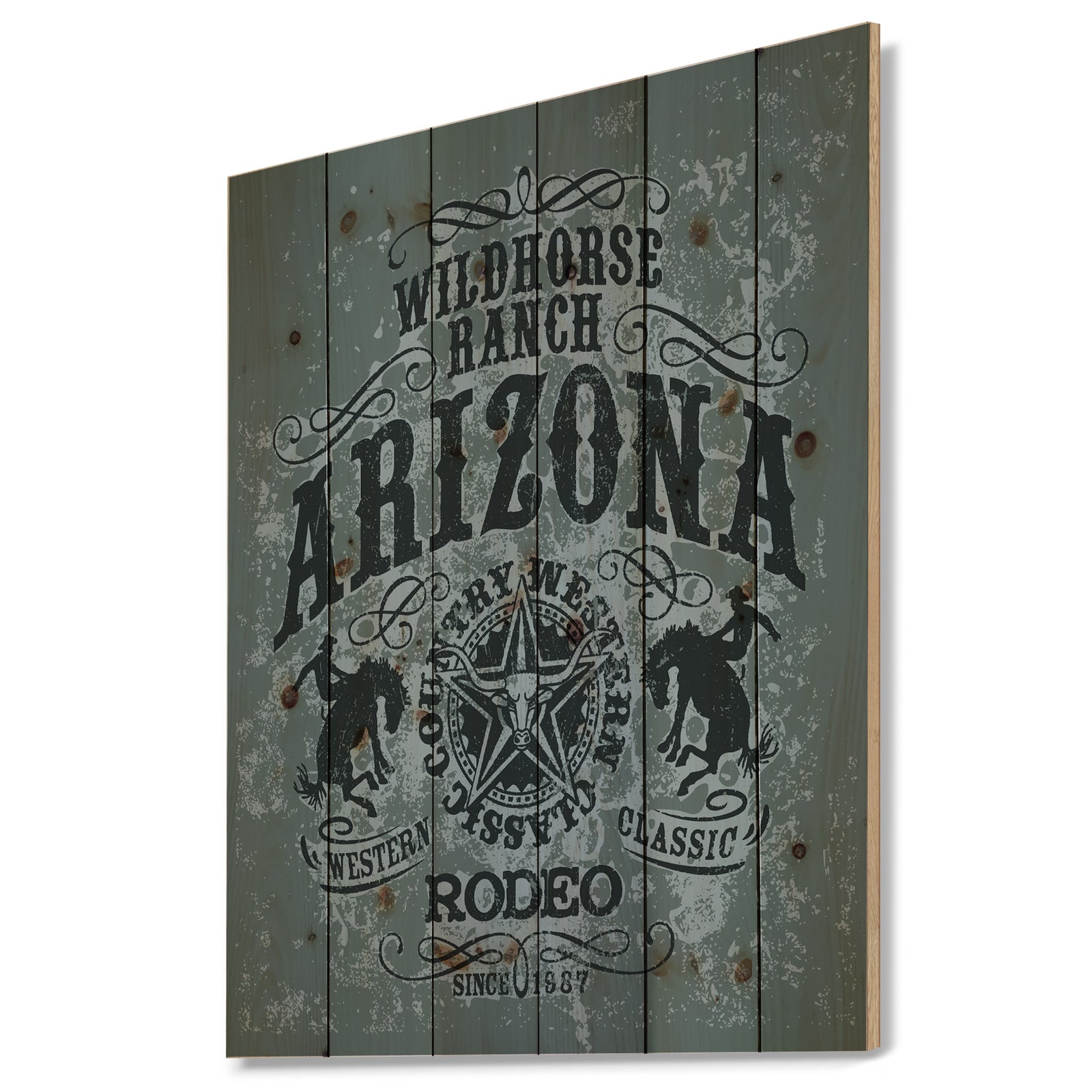 Arizona wild horse rodeo - Farmhouse Art Print on Natural Pine Wood