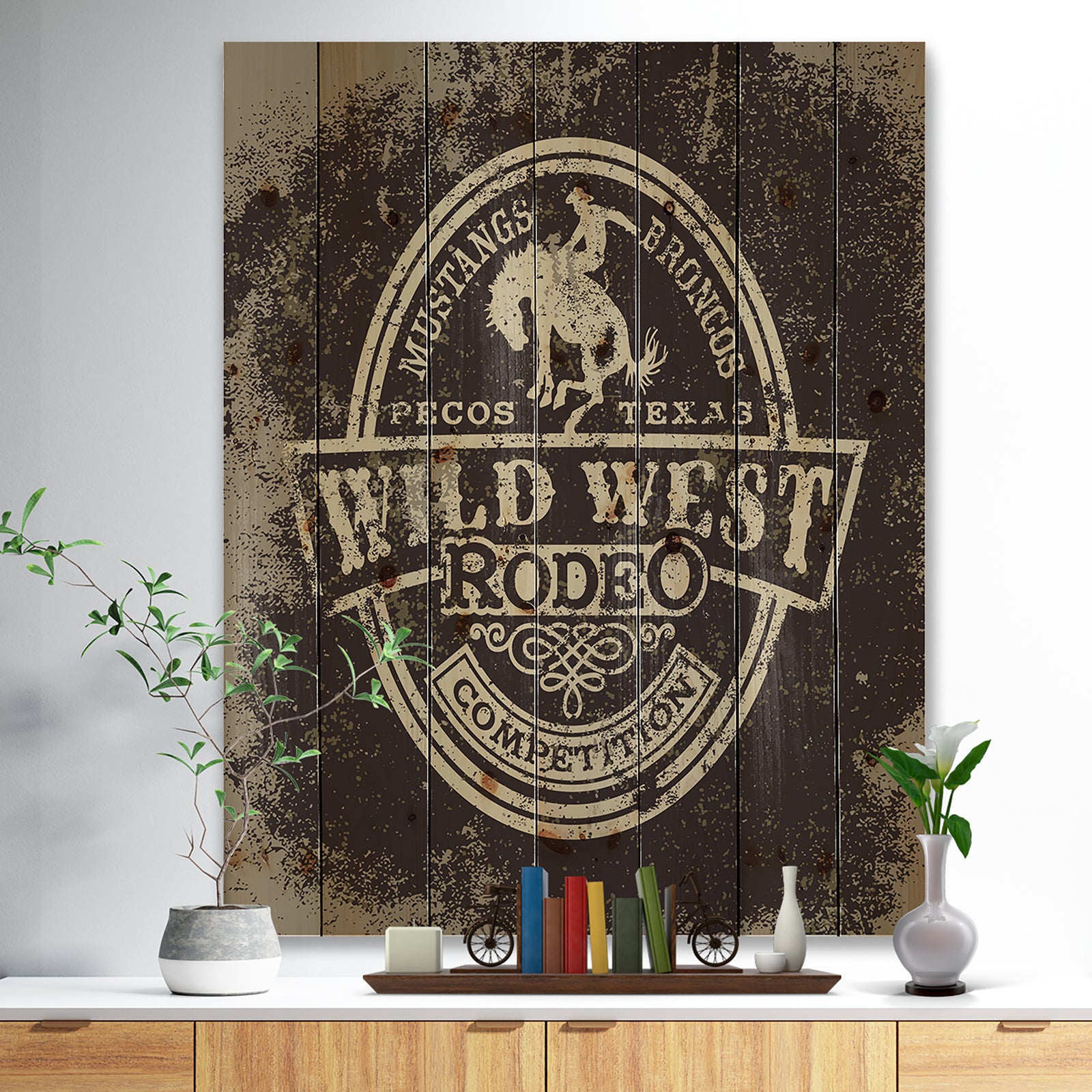 Wild west rodeo - Farmhouse Art Print on Natural Pine Wood