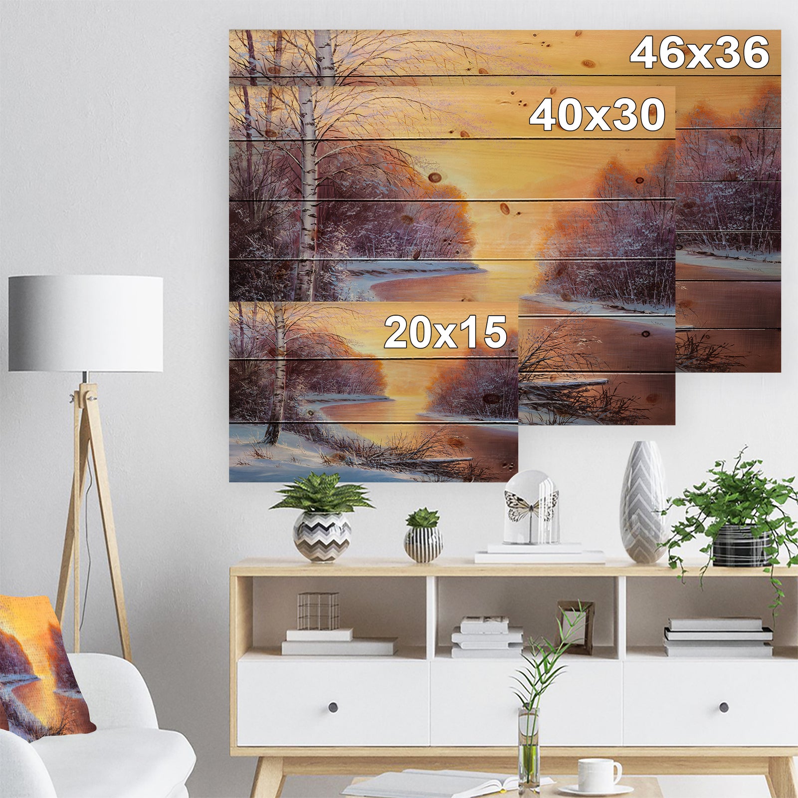 Painting winter forest - Landscapes Painting Print on Natural Pine Wood