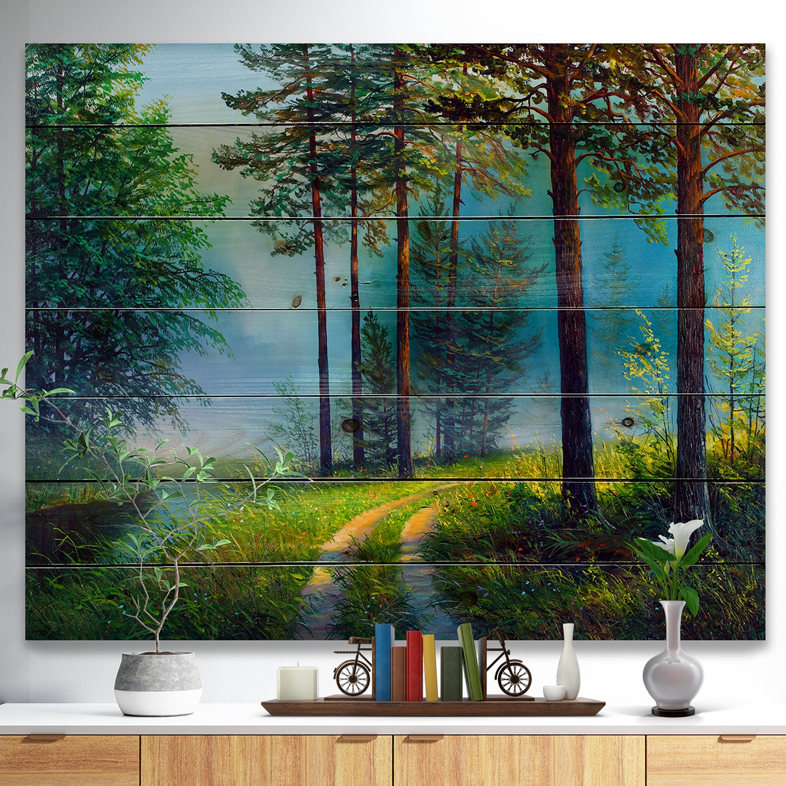 Colorful Summer Forest in Waterfall - Landscapes Painting Print on Natural Pine Wood