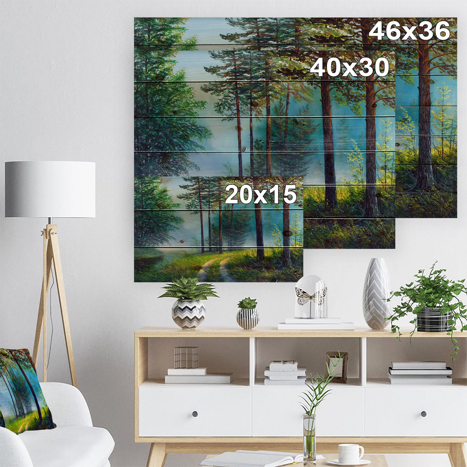 Colorful Summer Forest in Waterfall - Landscapes Painting Print on Natural Pine Wood