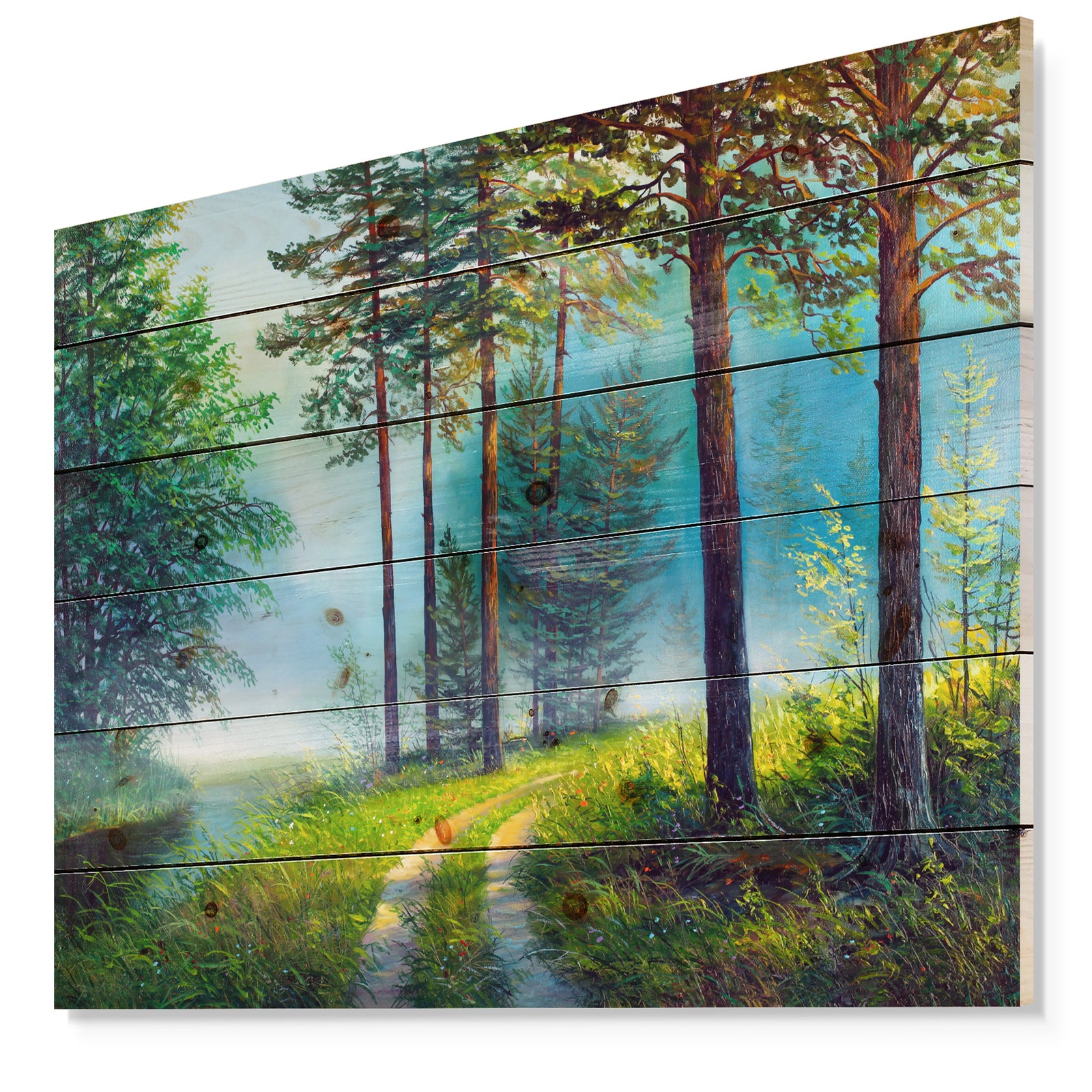 Colorful Summer Forest in Waterfall - Landscapes Painting Print on Natural Pine Wood