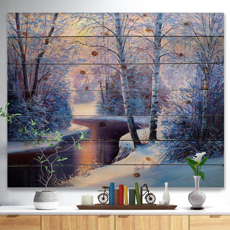 Winter Forest in River Sunset - Landscapes Painting Print on Natural Pine Wood