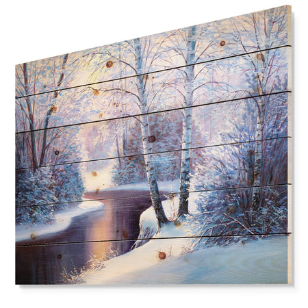 Winter Forest in River Sunset - Landscapes Painting Print on Natural Pine Wood