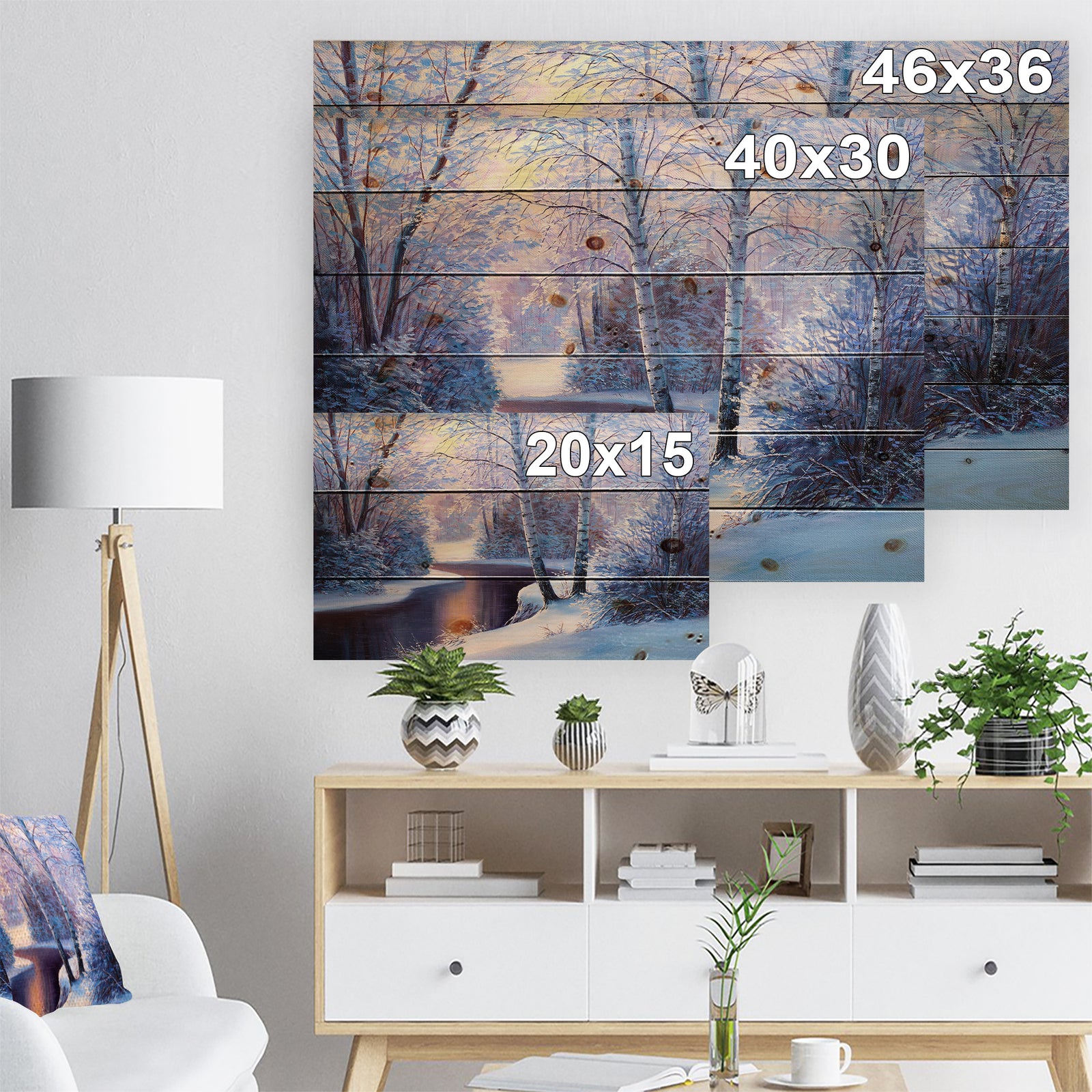Winter Forest in River Sunset - Landscapes Painting Print on Natural Pine Wood