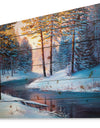 River in Sunset Winter Forest - Landscapes Painting Print on Natural Pine Wood