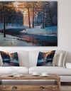 River in Sunset Winter Forest - Landscapes Painting Print on Natural Pine Wood