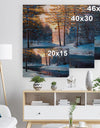 River in Sunset Winter Forest - Landscapes Painting Print on Natural Pine Wood