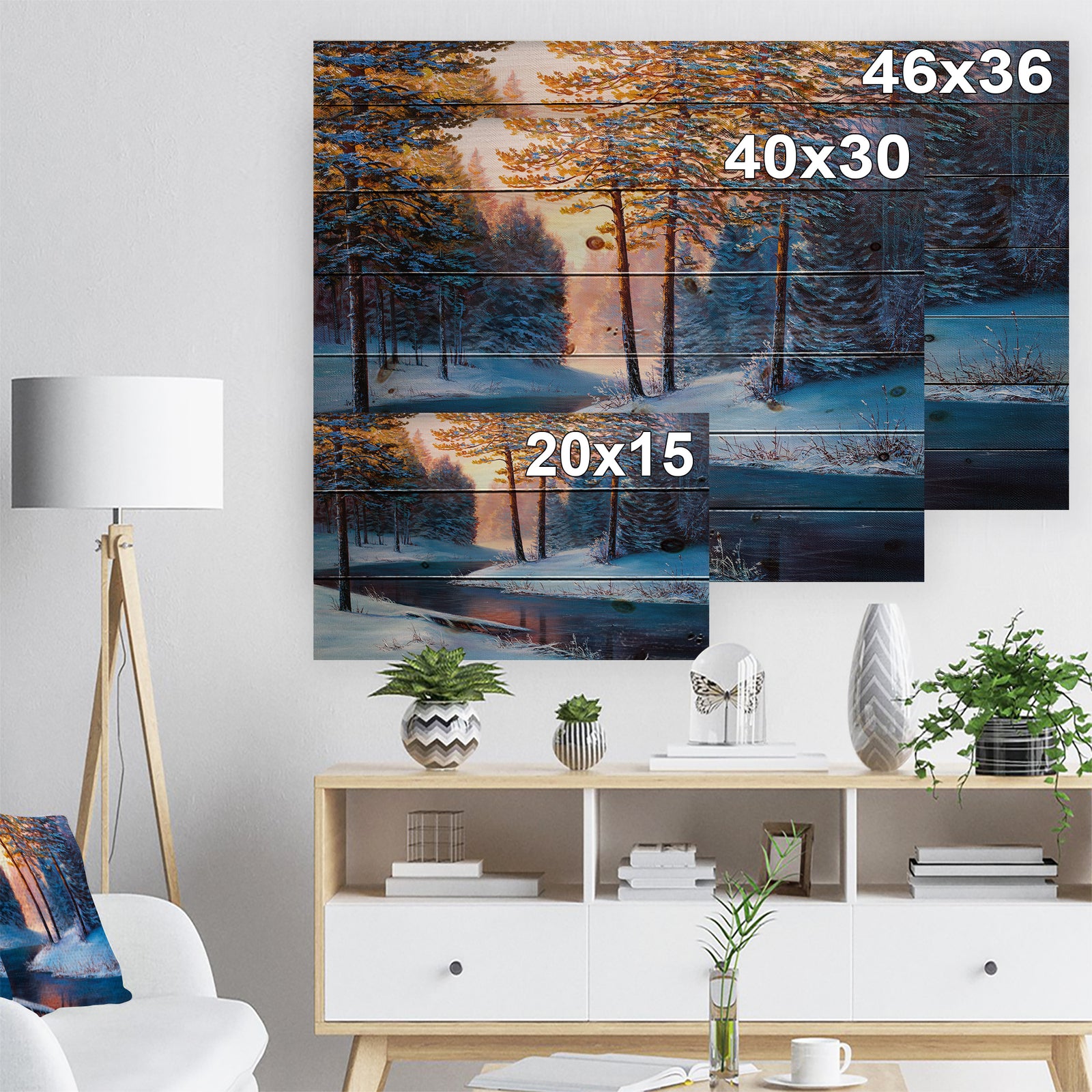 River in Sunset Winter Forest - Landscapes Painting Print on Natural Pine Wood