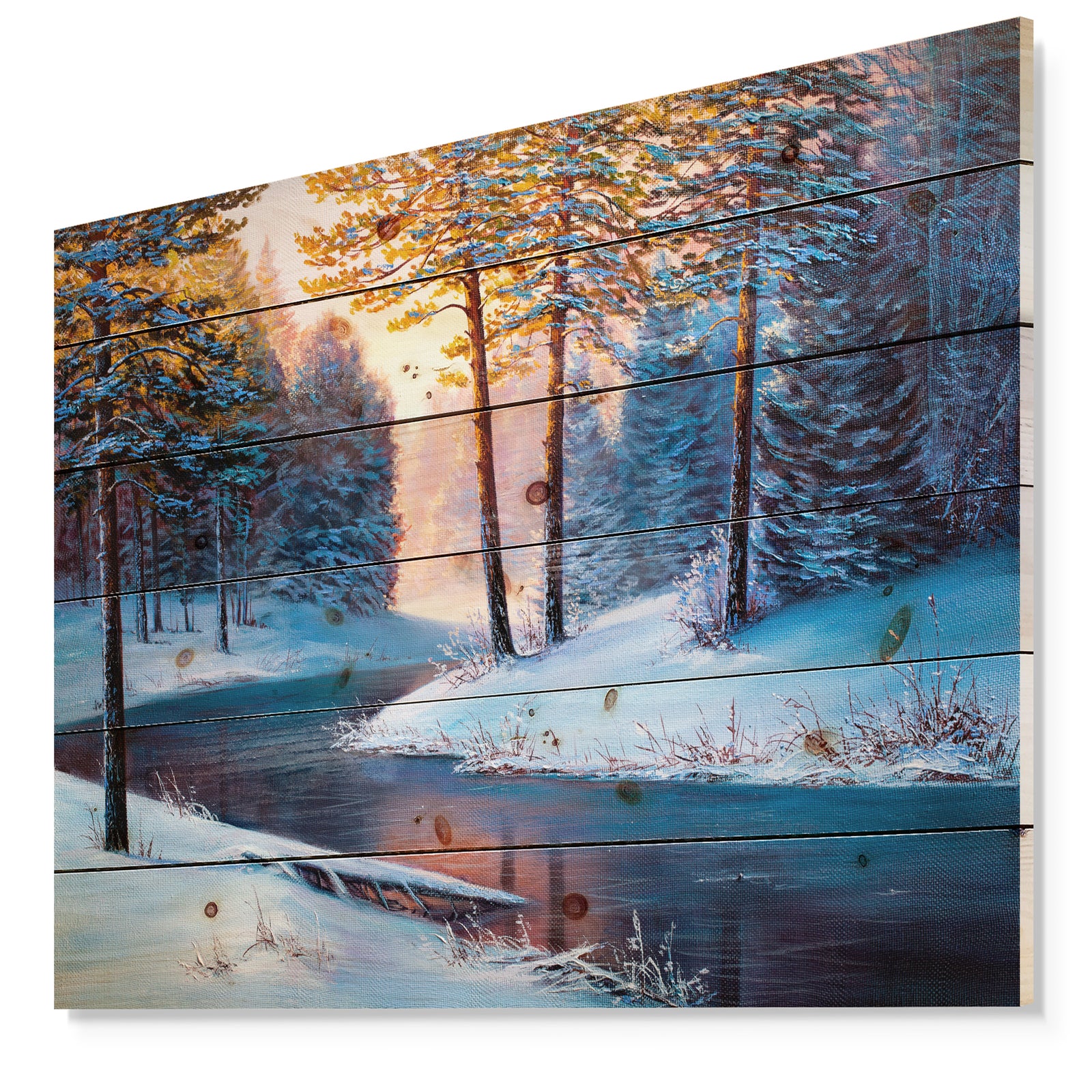 River in Sunset Winter Forest - Landscapes Painting Print on Natural Pine Wood