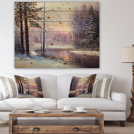 River in Winter Landscape - Landscapes Painting Print on Natural Pine Wood